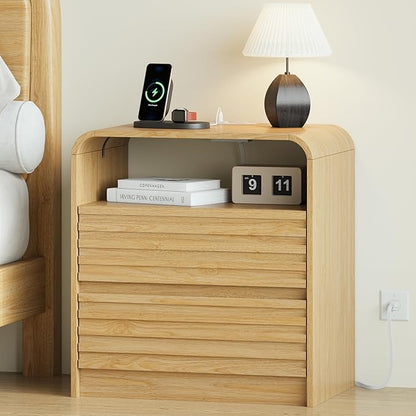24" Wide Modern Fluted Nightstand with Charging Station, Wood Bedside Table with 2 Storage Drawers, Mid Century End Table Nigthstand with Curved Profile for Bedroom, Living Room, Natural Oak