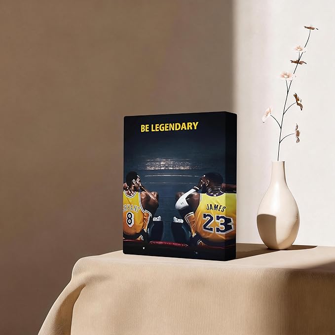Kobe Bryant and LeBron James Canvas Wall Art Print Poster, Be Legendary Inspirational Sports Picture Artwork, Motivational Mamba Mentality Wall Decor for Home Office Gym Living Room, Framed 8x10inch