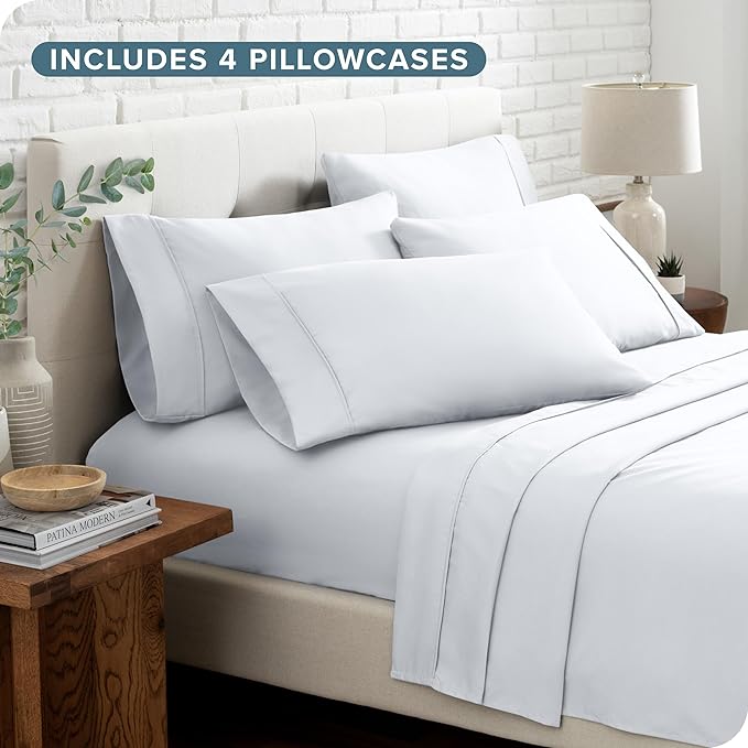 Bare Home Hotel Luxury Queen Sheet Set, Extra Soft - 6 Piece Set - Deep Pockets - Easy Fit - Cooling & Breathable - Wrinkle, Fade, Stain Resistant - Includes 4 Pillowcases (Queen, White)