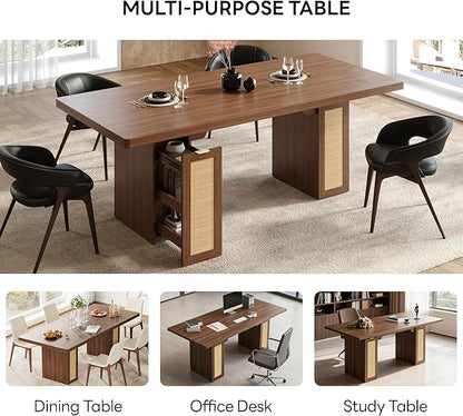 LIKIMIO 78.7" Farmhouse Dining Table for 6-8 People, Extra Thick Wood Top with 2 Hidden Adjustable Storage Drawers, Modern Woven Rattan Table for Dining Room, Kitchen, Living Room, Vintage Brown