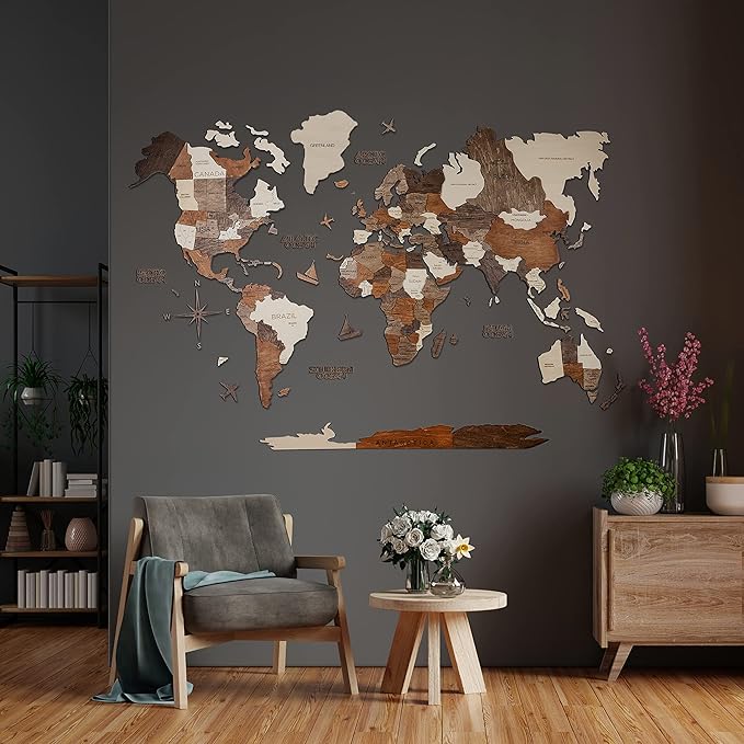 Handmade 3D Wood World Map Wall Art Large Wall Decor Track Your World Travels - Special for Home, Kitchen and Office (X-Large, Multicolor)