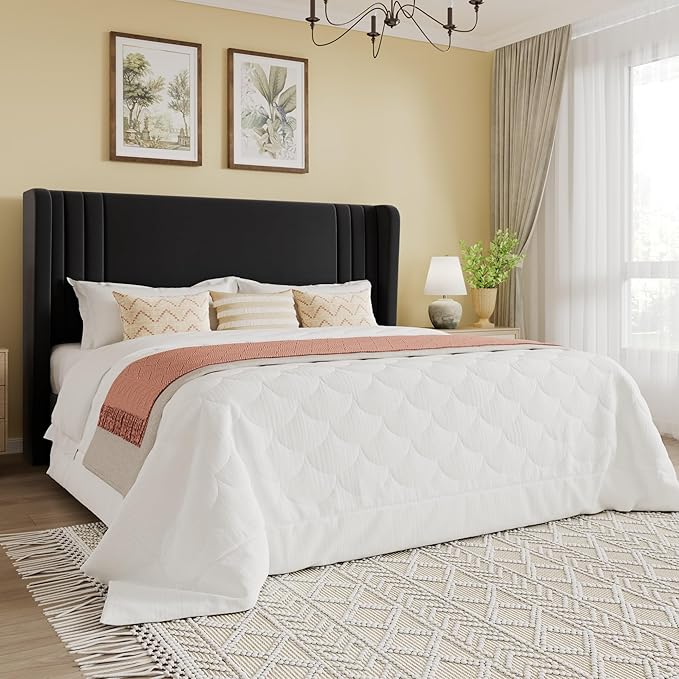 SHA CERLIN Queen Size Velvet Upholstered Platform Bed Frame with Vertical Channel Tufted Wingback Headboard, Wooden Slats Support, Easy Assembly, Under Bed Storage, No Box Spring Required, Black