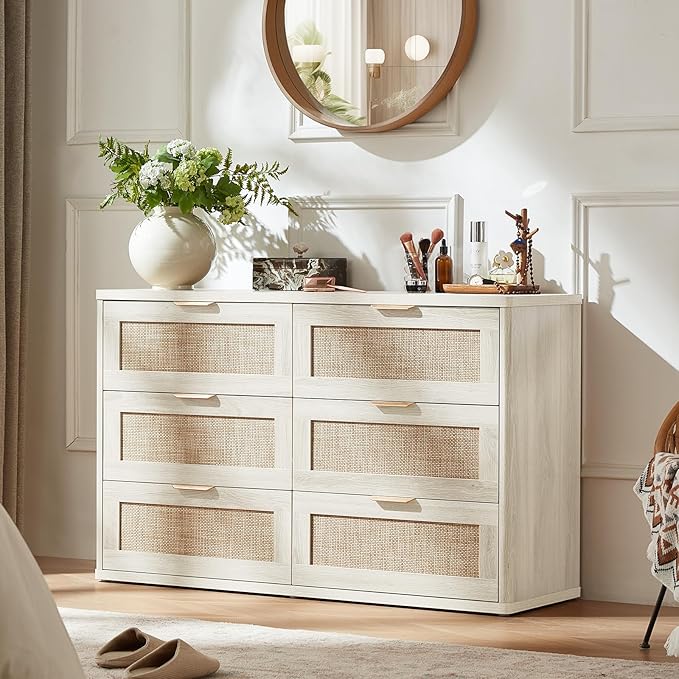 LEYAOYAO Rattan Dresser and Nightstand Set of 3, Boho Wood Dresser for Bedroom with 6 Drawers and Night Stand with Charging Station, Bedroom Furniture, Dressers & Chests of Drawers,Hallway,Living Room