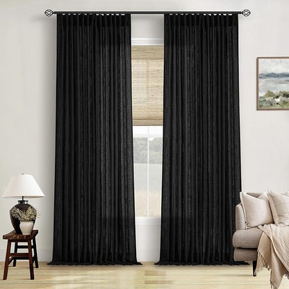 Black Linen Curtains 102 Inches Long 2 Panels for Living Room Modern Thick Linen Flax Pinch Pleated Memory Trained Light Filtering Ceiling Semi Sheer 102 Inch Curtain with Hook Rings Back Tab