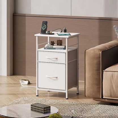 WLIVE Night Stand Set 2, White Nightstand with Charging Station, Nightstands for Bedroom Set of 2, Bedside Tables, Side Table with 2 Fabric Drawers, Small Dresser with USB Ports and Outlets