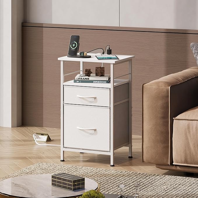 WLIVE Night Stand with Charger Station, White Nightstand with 2 Fabric Drawers, Bedside Table, Small Dresser for Bedroom, Side Table with USB Ports and Outlets