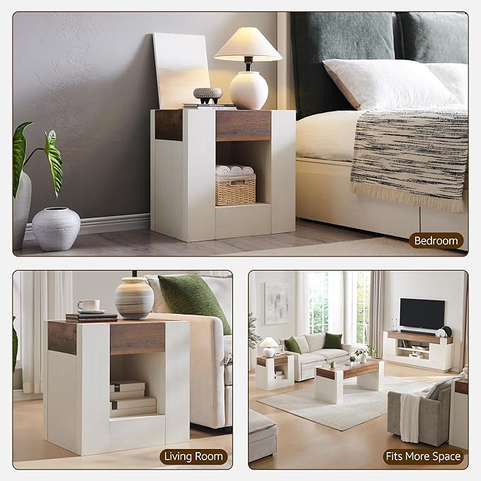 OKD Modern Nightstand with Charging Station, 24" Large Bedside Table, Rustic End Table with Drawers & Open Shelf for Bedroom/Living Room, Night Stand Wood Thick Design,Antique White