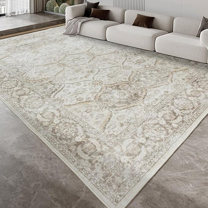 7x9 Machine Washable Non Slip Vintage Area Rugs for Living Room, Low Pile Lightweight Print Rug for Bedroom, Dining Room, Home Office, Beige Gray