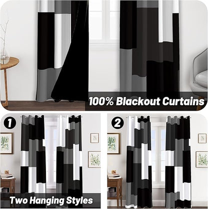 Black Grey 100% Blackout Curtains for Bedroom 63 inch Long 2 Panels Set White Gray Modern Abstract Geometric Black Out Curtains Insulated Room Darkening Window Drapes for Living Room, 52Wx63L