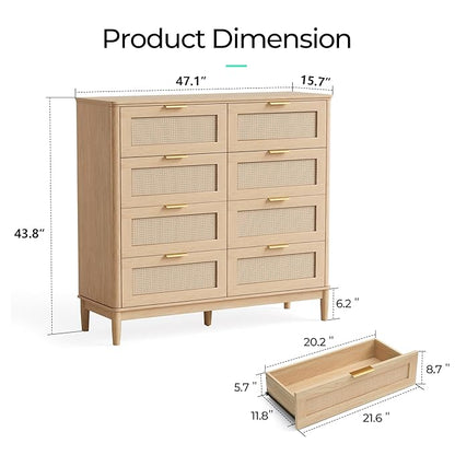 LINSY HOME Rattan Dresser for Bedroom with 8 Drawers, 54" Wide Chest of Drawers, Mid Century Modern Dresser TV Stand with Metal Handle, Wood Closet Storage Cabinet for Living Room, Hallway, Oak