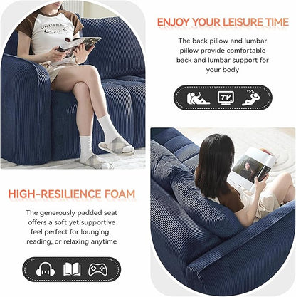 66'' Boneless Corduroy Loveseat Sofa, 2 Seater Tufted Deep Seat Couch with Rounded Armrest, Upholstered Cloud Couch for Living Room, Bedroom, No Assembly, Navy