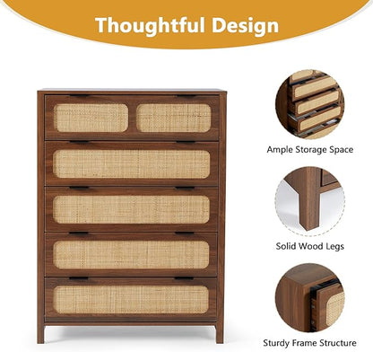LEVNARY 5 Drawer Chest Dresser, Rattan Tall Dresser 5 Chest of Drawers Dressers for Bedroom, Wooden Storage Cane Cabinet with Metal Handles for Living Room Hallway (Walnut)
