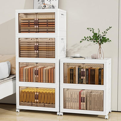 Storage Bins with Lids and Wheels, 220QT-110QT*2Tier Collapsible Bathroom Storage Cabinet with Clear Doors, Plastic Stackable Closet Organizers and Containers White