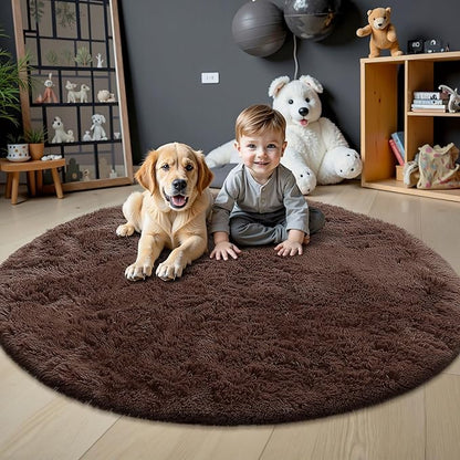 OLANLY Coffee Round Rugs for Bedroom - Machine Washable, 4 ft Circle Area Rugs for Living Room, Soft and Fluffy Shaggy Carpet for Teen Girls and Boys, Nursery Rooms, Dorms, Home Decor Aesthetic
