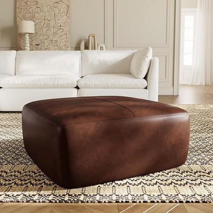 Poly & BARK Sequoia Ottoman – 35” Square Pouf with Feather-Down Topper – Full-Grain Leather Upholstered Pouf Ottoman for Living Room – Vintage Italian Leather in Chocolate Brown