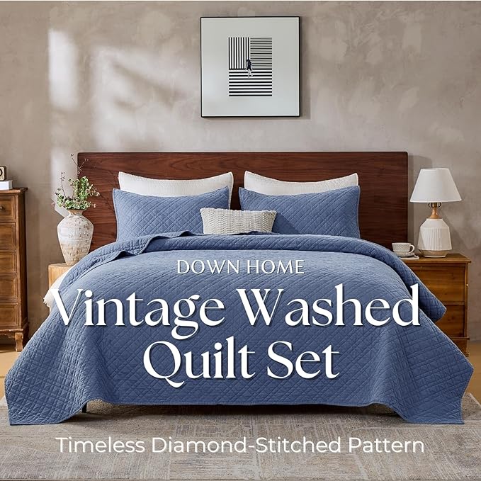 Cali King Quilt Set with Shams Lightweight Quilted Bedspread Coverlet Thin Comforter Bed Cover Vintage Washed Quilted Blanket for All Season, Brushed Microfiber Diamond Stitching, Blue, 111"x92"