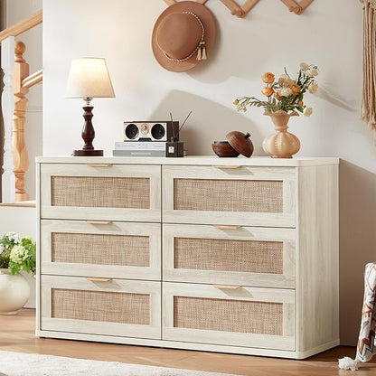 LEYAOYAO Rattan Dresser and Nightstand Sets 3 Piece, Boho Wood Dresser for Bedroom with 6 Drawers and Night Stand with Charging Station, Bedroom Furniture, Dressers & Chests of Drawers, Living Room