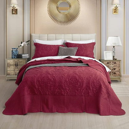 CHIXIN Bedspread Coverlet Quilt Set Full Size - Lightweight Bedding Cover - Beautiful Stitching - 5 Piece Reversible Bedspread - Gorgeous Damask Paisley Pattern (Full, Wine Red)