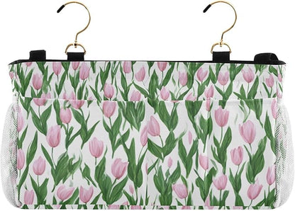 Bedside Caddy Hanging Bunk Bed Caddy Bed Organizer Hanging Pocket with 2 Hooks Bedside Storage Organizer Pocket Bag Holder Small Tulips Pink