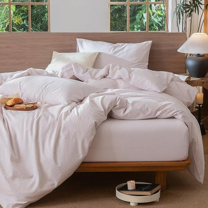 MooMee Striped Duvet Cover Set 100% Washed Cotton Linen Like Textured Breathable Durable Soft Comfy (Heathered Greyish Pink Pinstripes, Full 80"x90")
