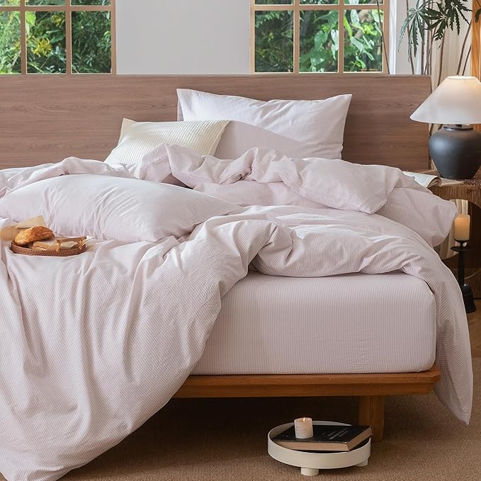 MooMee Striped Duvet Cover Set 100% Washed Cotton Linen Like Textured Breathable Durable Soft Comfy (Heathered Greyish Pink Pinstripes, Twin 68"x90")