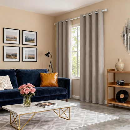 100% Blackout Linen Curtains for Bedroom 84 Inches Long, Black Out Thermal Insulated Grommet Curtains 2 Panels Set,Sun Blocking Privacy Drapes Living Room Nursery (52W × 84L inch, Beige)