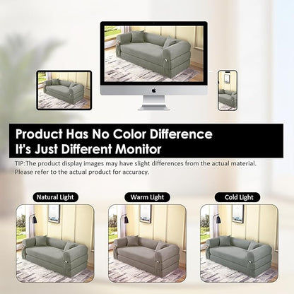 80" Convertible Sofa Bed, No Assembly Modern Boneless Compression Sofa in Box, 3-in-1 Corduroy Folding Pull Out Couch with Pillows, Floor Couch with Side Storage Pocket for Living Room,Light Grey