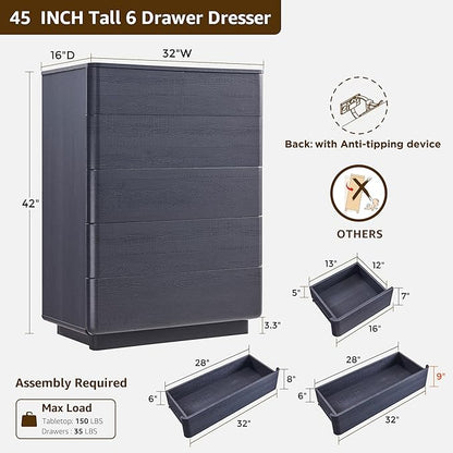 ACCOHOHO 6 Drawer Dresser for Bedroom, 42 Inch Tall Modern Chest of Drawers, Push-to-Open Wood Storgae Organizer with Large Drawers for Bedroom, Living Room, Hallway, Black