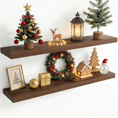 48 Inch Floating Shelves for Wall, 8 Inch Deep Floating Shelf for Storage & Display, Rustic Wall Mounted Shelf with Invisible Brackets for Living Room, Kitchen, Bathroom, Home Decor, Set of 2, Walnut