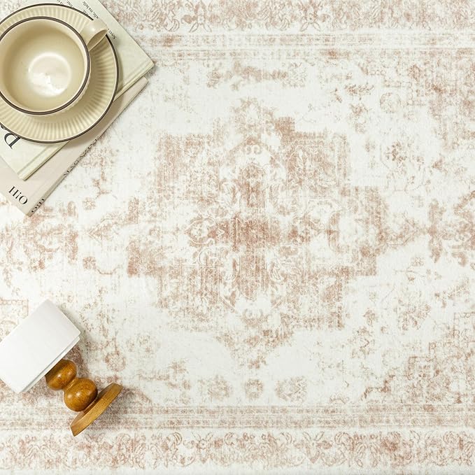 Area Rug 8x10 Cream Washable Living Room Beige Carpet Non Slip Vintage Medallion Indoor Bedroom Beige Carpet Low Pile Soft Retro Distressed Large Rug Home Office Dining Room Playroom