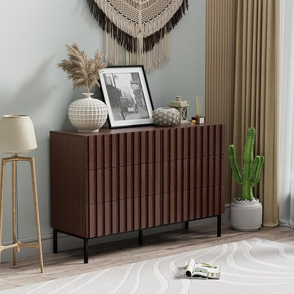UEV Fluted Dresser for Bedroom with 6 Drawers, 47" Wide Large Chest of Drawers with Metal Stand, Mid-Century Wooden Dresser TV Stand, Closet Storage Organizer for Living Room, Hallway (Walnut)