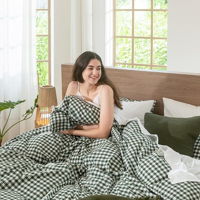 MooMee Gingham Duvet Cover Set 100% Washed Cotton Linen Like Textured Breathable Durable Soft Comfy Modern Checkered Design (Forest Green Gingham, Super King 108"x98")