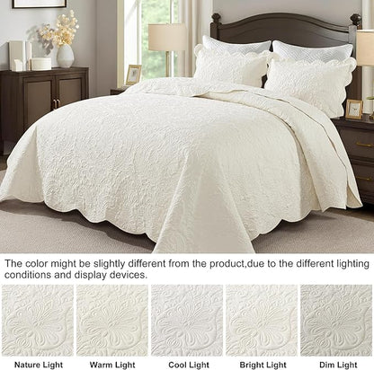 HoneiLife Oversized Queen Bedspreads 110x106- Queen Size Quilt Bedding Sets 3-Piece, Reversible Coverlets Lightweight Bedlinen Set for All Season Use-Beige
