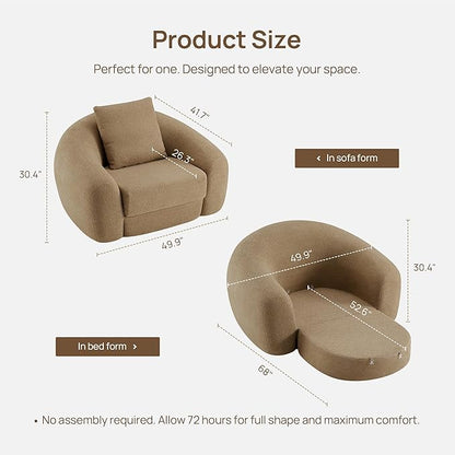 SICOTAS 49.9" Curved Convertible Sofa Couch Bed for Living Room Futon Cloud Boneless Sleeper Chair Pull Out Floor Couch with Deep Seat Single Sofa Foam Lounger No Assembly for Bedroom Apartment, Brown