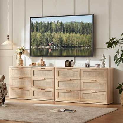LEYAOYAO Rattan Dresser and Nightstand Sets 3, Boho Wood Dresser for Bedroom with 6 Drawers and Night Stand with 3 Drawer, Bedroom Furniture, Dressers & Chests of Drawers, Living Room, Hallway