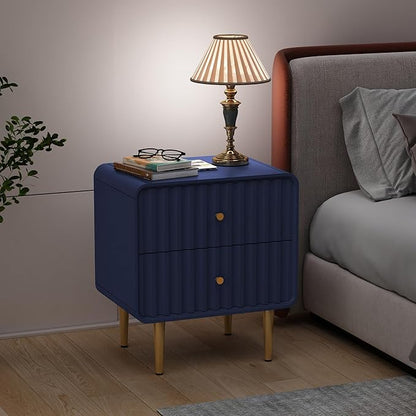 HLR Modern Nightstand, Fluted Bed Side Table with 2 Drawers Storage, Wood End Table with Gold Metal Handle, Blue Night Stands for Bedroom