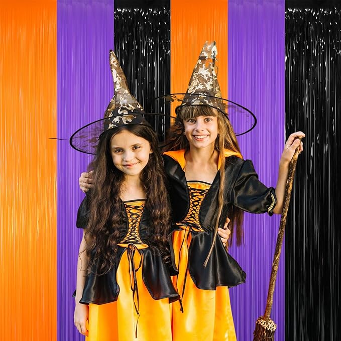 GOER 3.2 ft x 8.2 ft Metallic Tinsel Foil Fringe Party Backdrop for Halloween Birthday Graduation New Year's Party Decorations(5 Packs,Black&Orange&Purple)