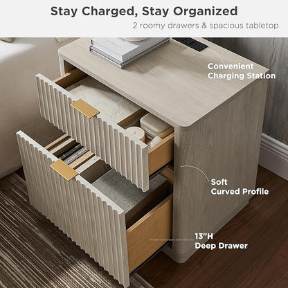 T4TREAM 23'' Fluted Nightstand Set of 2 with Charging Station, Large 2 Drawer Side Table, Modern End Table with Storage, Mid Century Bedside Table for Bedroom, Living Room, Curved Profile, White Alder