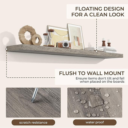 RICHFOCUS 72Inch Floating Shelves for Wall 2 Pack Shelves for Bedroom|Kitchen|Bathroom Wall Mounted Rustic Wood Floating Shelf with Invisible Brackets for Books|Storage|Decor, Grey