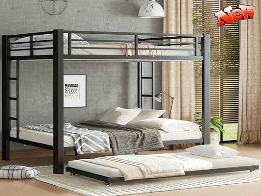 Higher Quality & Stronger Metal Bunk Bed Queen Over Queen Size Bunkbed Frame, Thickened Heavy Duty More Stable Steel Bunk Bed with Twin Size Trundle (Queen Over Queen)