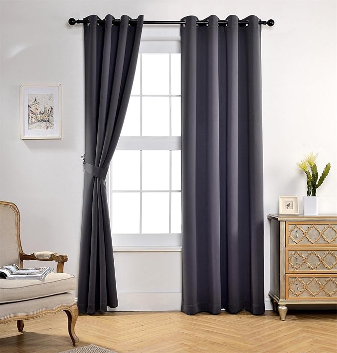 MIUCO 1 Pair Thermal Insulated Grommet 52-Inch-by-95-Inch Blackout Window Curtain Panels with 2 Tie Backs, Dark Grey