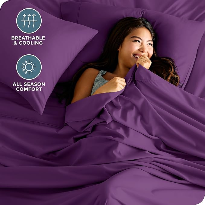 Bare Home Hotel Luxury Twin Sheet Set, Extra Soft - 4 Piece Set - Deep Pockets - Easy Fit - Cooling & Breathable - Wrinkle, Fade, Stain Resistant - Includes 2 Pillowcases (Twin, Plum)