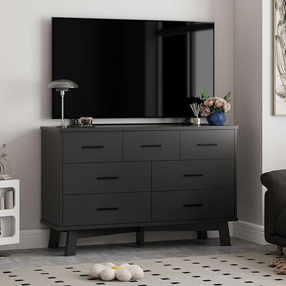 Dresser for Bedroom with 7 Drawer, Wood Modern Chest of Drawers with X-Shaped Sturdy Base, Wide Double Dresser Closet Clothes Storage Organizer, Wooden TV Stand for Living Room, Hallway, Black