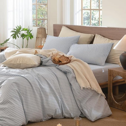 MooMee Striped Duvet Cover Set 100% Washed Cotton Linen Like Textured Breathable Durable Soft Comfy (Cornflower Blue White Wide Stripes, Twin 68"x90")