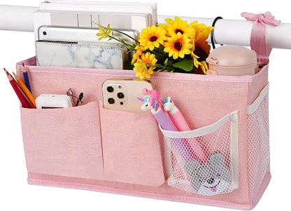 Loghot Bedside Caddy/Bedside Storage Bag Hanging Organizer for Bunk and Hospital Beds,Dorm Rooms Bed Rails,Can be Placed Glasses,Books,Mobile Phones,Keys (New Pink-1)