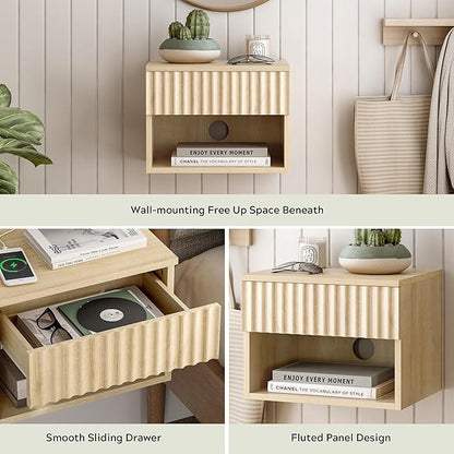 Floating Nightstand Set of 2 with Drawer, Fluted Modern Night Stand with Fluted Door and Open Storage Shelf Wall Mounted Bedside Table for Bedroom, Entryway Light Oak