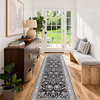 3x8 Runner Rugs for Hallways: Kitchen Runner Non Slip Washable Rug with Rubber Backing Stain Resistant Carpet Low Pile Floral Rugs for Bedroom Bathroom Laundry Living Room Black White 3x8