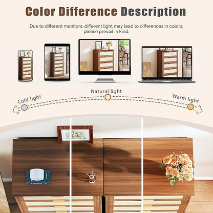 6 Drawer Dresser for Bedroom, 50 Inch Tall Dressers & Rattan Chest of Drawers, Mid Century Style, Wood Modern Dressers Organizer for Bedroom, Living Room, Hallway, Entryway, Walnut