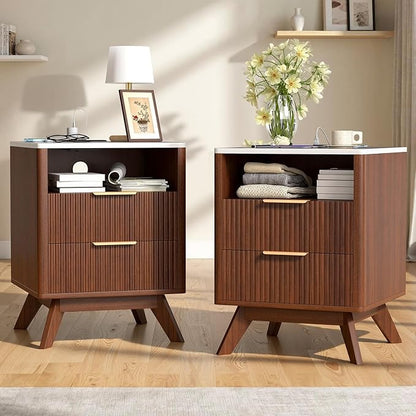 Modern Nightstand Set of 2, Side Table with Charging Station,Bedside Tables with Drawer, Mid-Century End Tables for Bedroom, Sturdy Storage Side Tables,Walnut