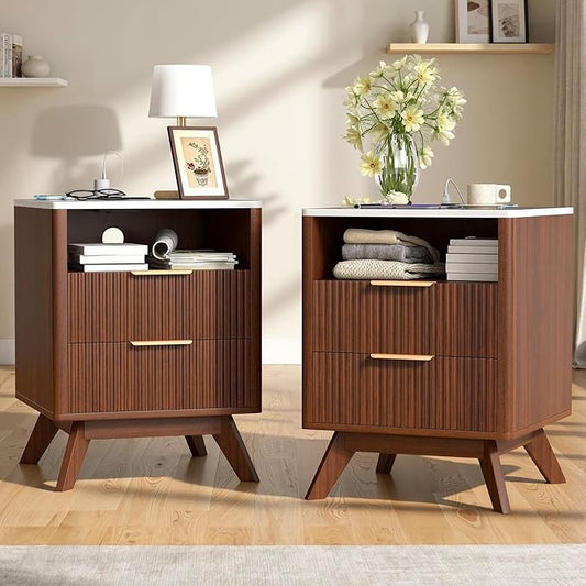 Modern Nightstand Set of 2, Side Table with Charging Station,Bedside Tables with Drawer, Mid-Century End Tables for Bedroom, Sturdy Storage Side Tables,Walnut